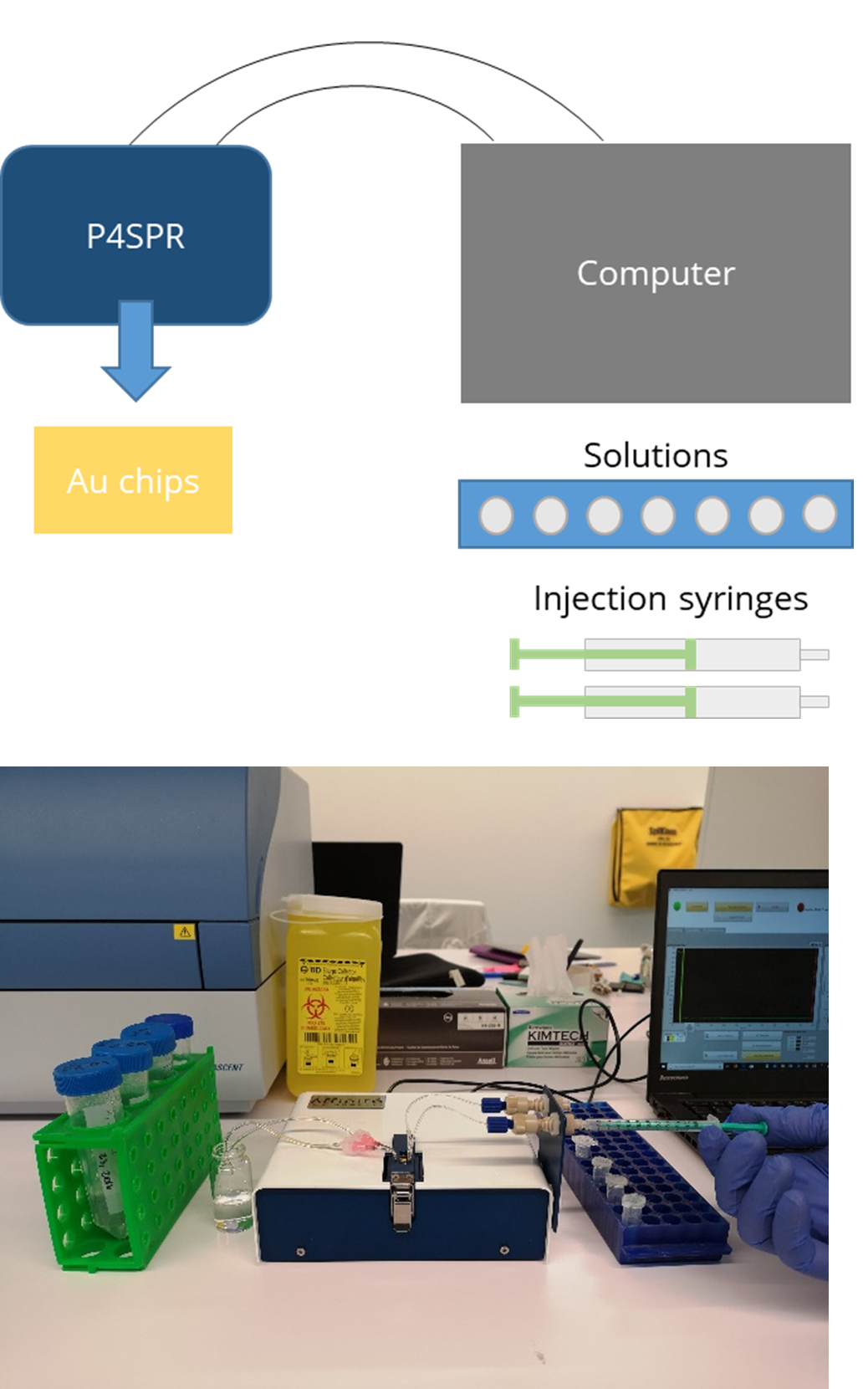 System setup diagram showing P4SPR instrument connected to a computer and Au chips, alongside a lab photo of the benchtop P4SPR setup with laptop, instrument, solution vials, and injection syringes.