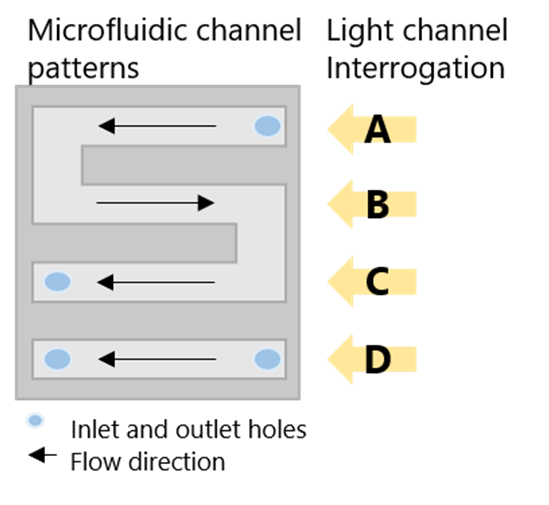 Schematic of 4-channel microfluidic cell showing channel patterns A, B, C, D and light interrogation positions.