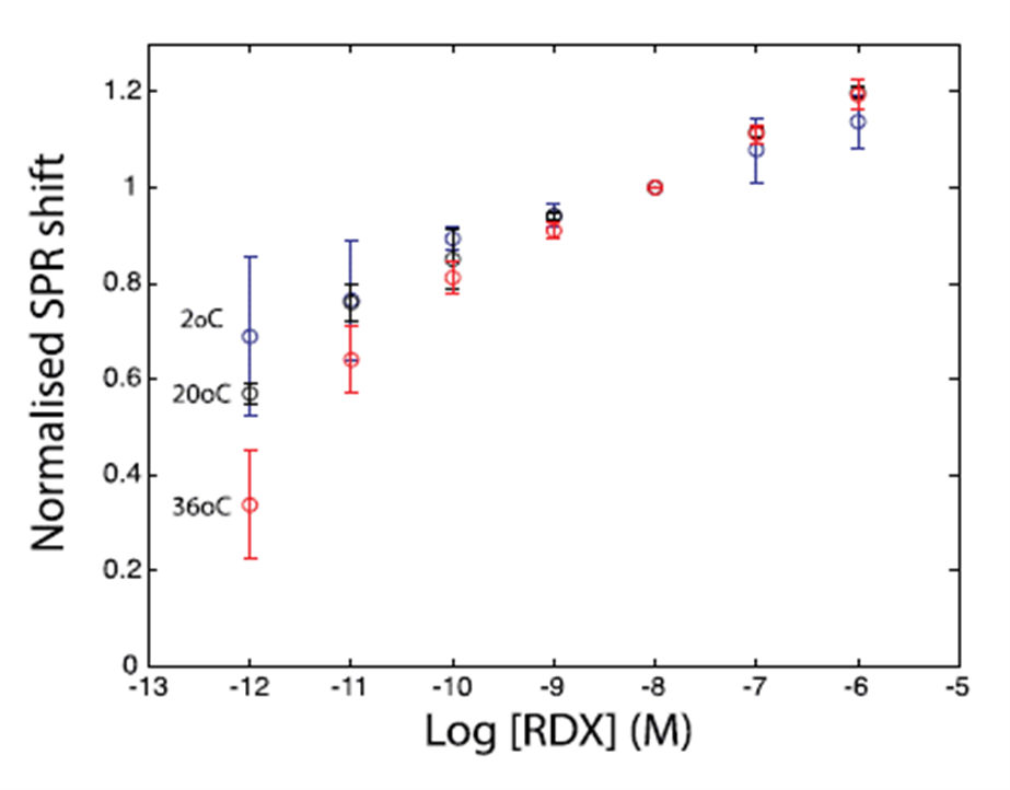 Normalized calibration curves for RDX detection at different temperatures (2°C, 20°C, 36°C), plotted as normalised SPR shift vs. log[RDX] in M. Curves converge after normalization to the 10 nM signal, confirming consistent sensitivity across the temperature range.