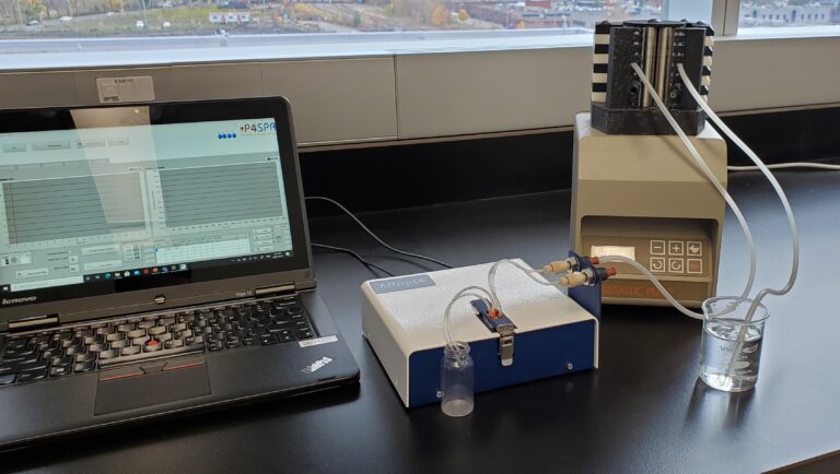 P4SPR instrument connected to a peristaltic pump for kinetic measurements